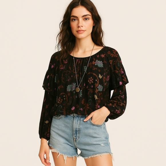 Free People Floral Square Neck Long Sleeve Top – Size M - Picture 1 of 5